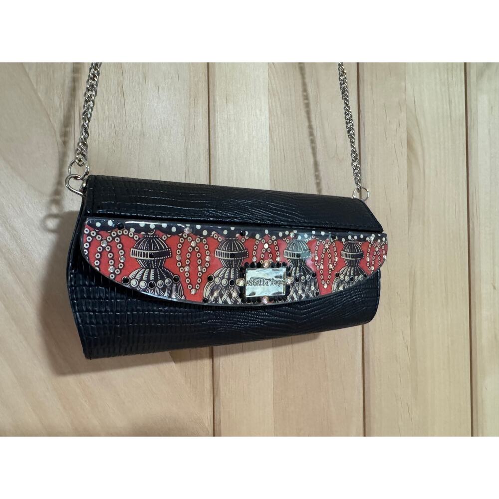 Stella Page | Black Leather Silver Hardware Red Sparkle Decoupage Chain Purse
